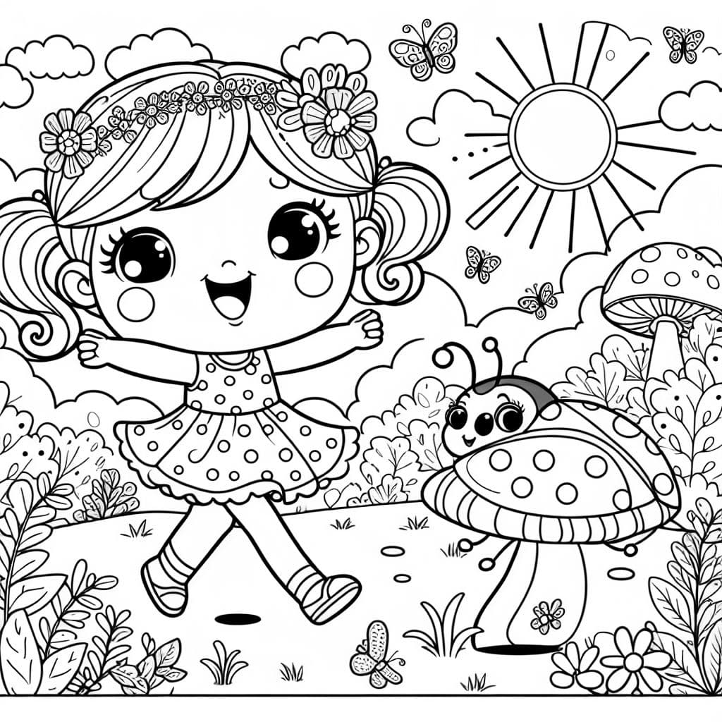 Niña rubia de cinco años bailando con mariquita