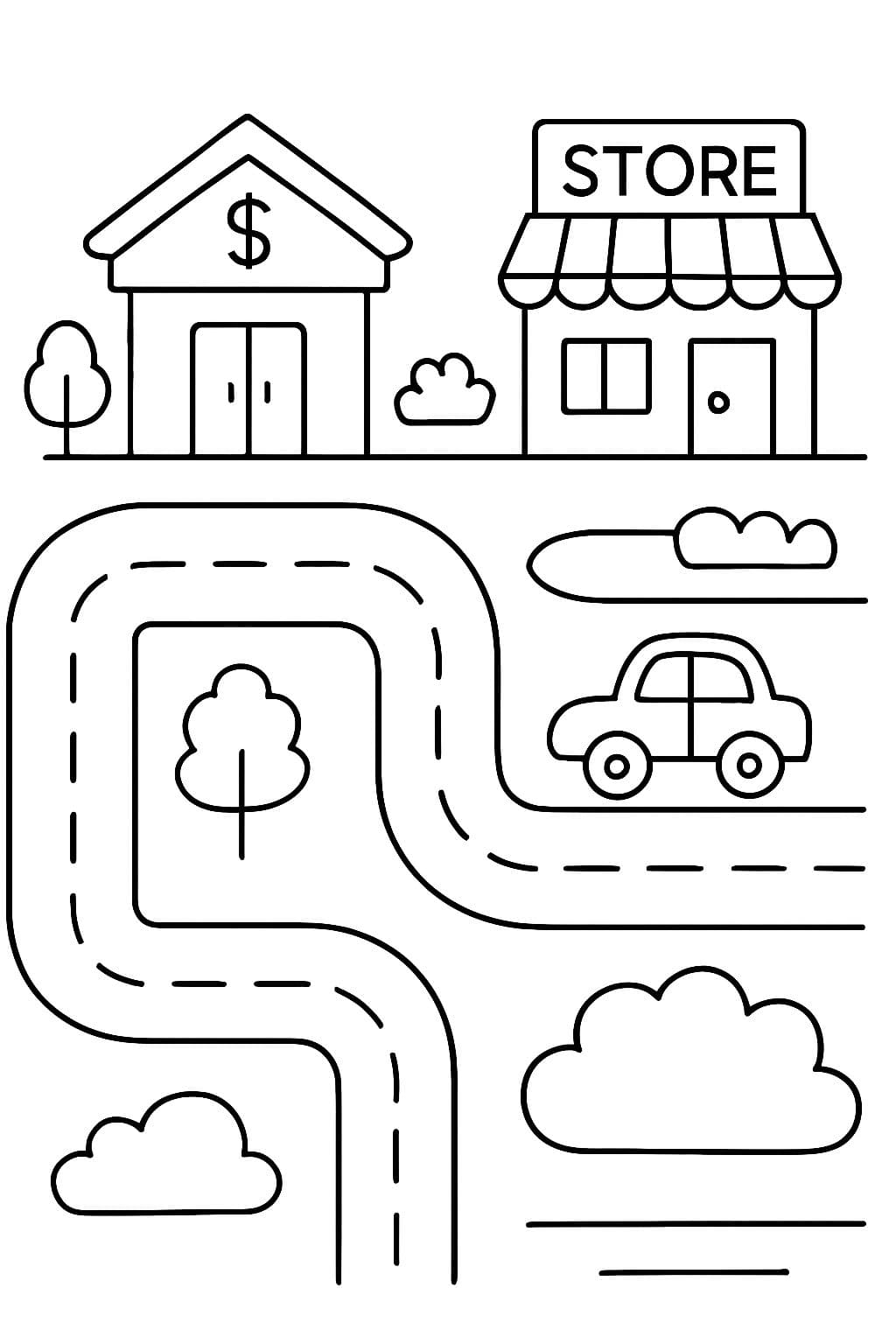 Una ciudad con calles y tiendas vista desde arriba.