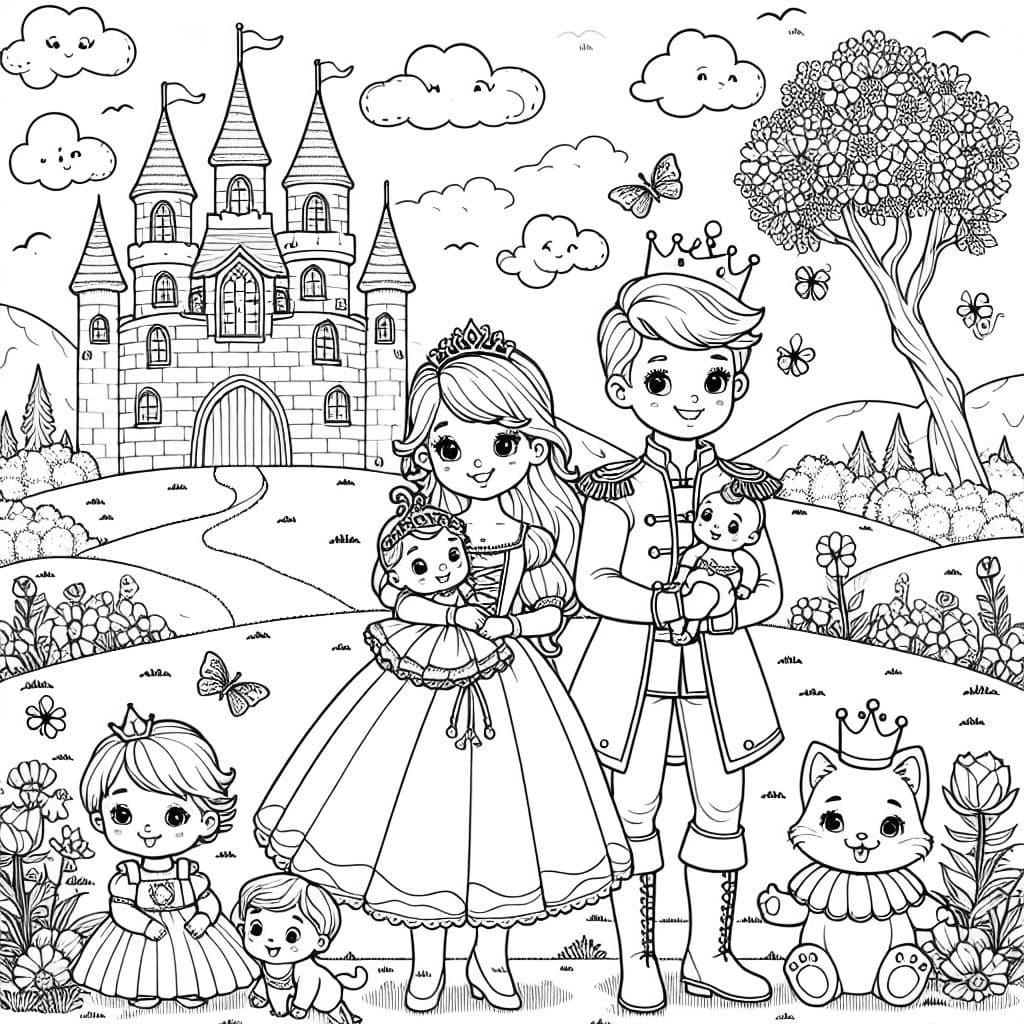 Un príncipe y una princesa frente a un castillo en un prado. Tienen dos hijos que son bebés y un gato.