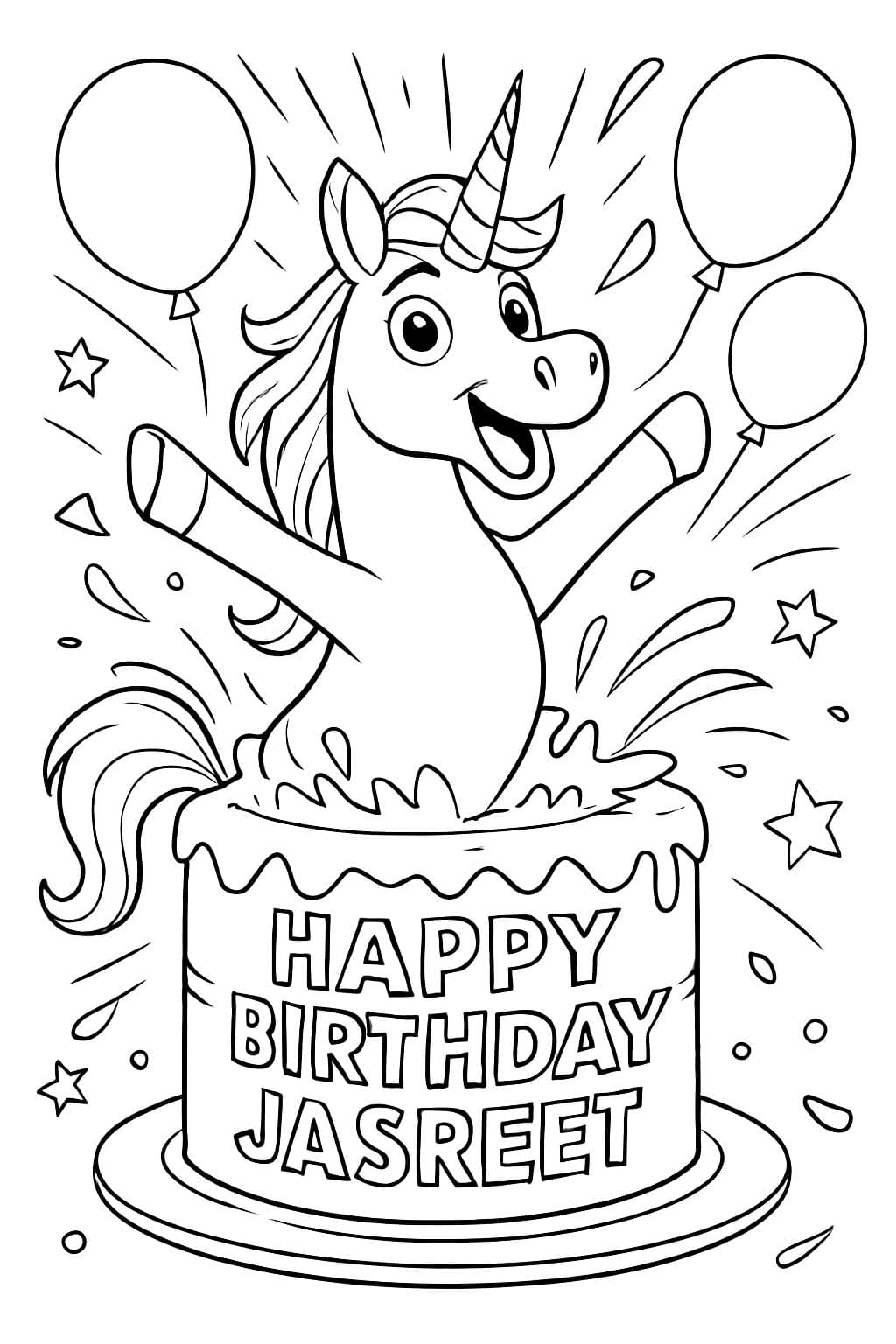 Une licorne sautant d'un gâteau sur lequel est écrit joyeux anniversaire jasreet.