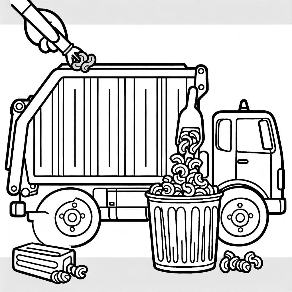 A garbage truck picking up trash cans full of macaroni