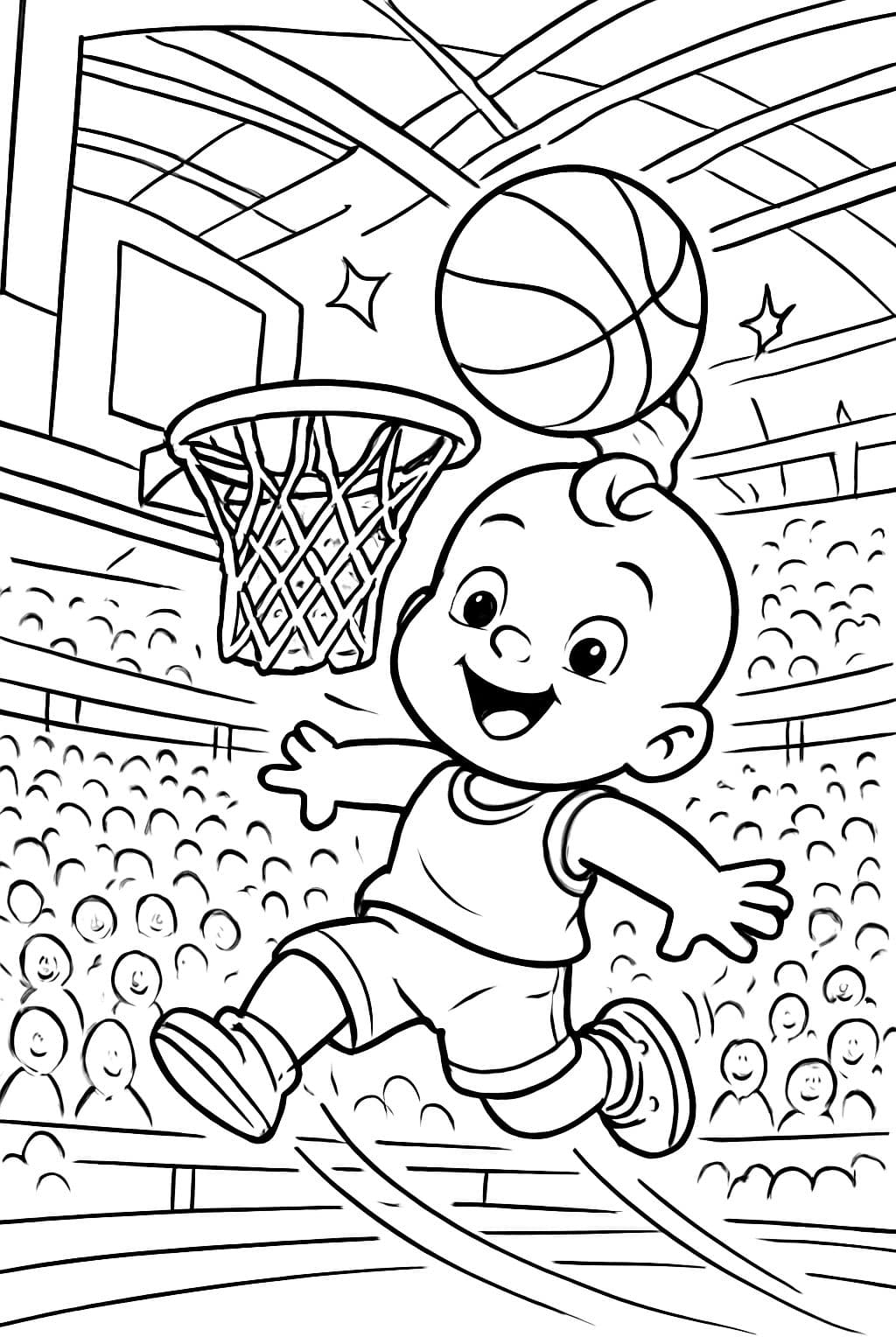 Un bebé encestando un baloncesto en una arena llena.