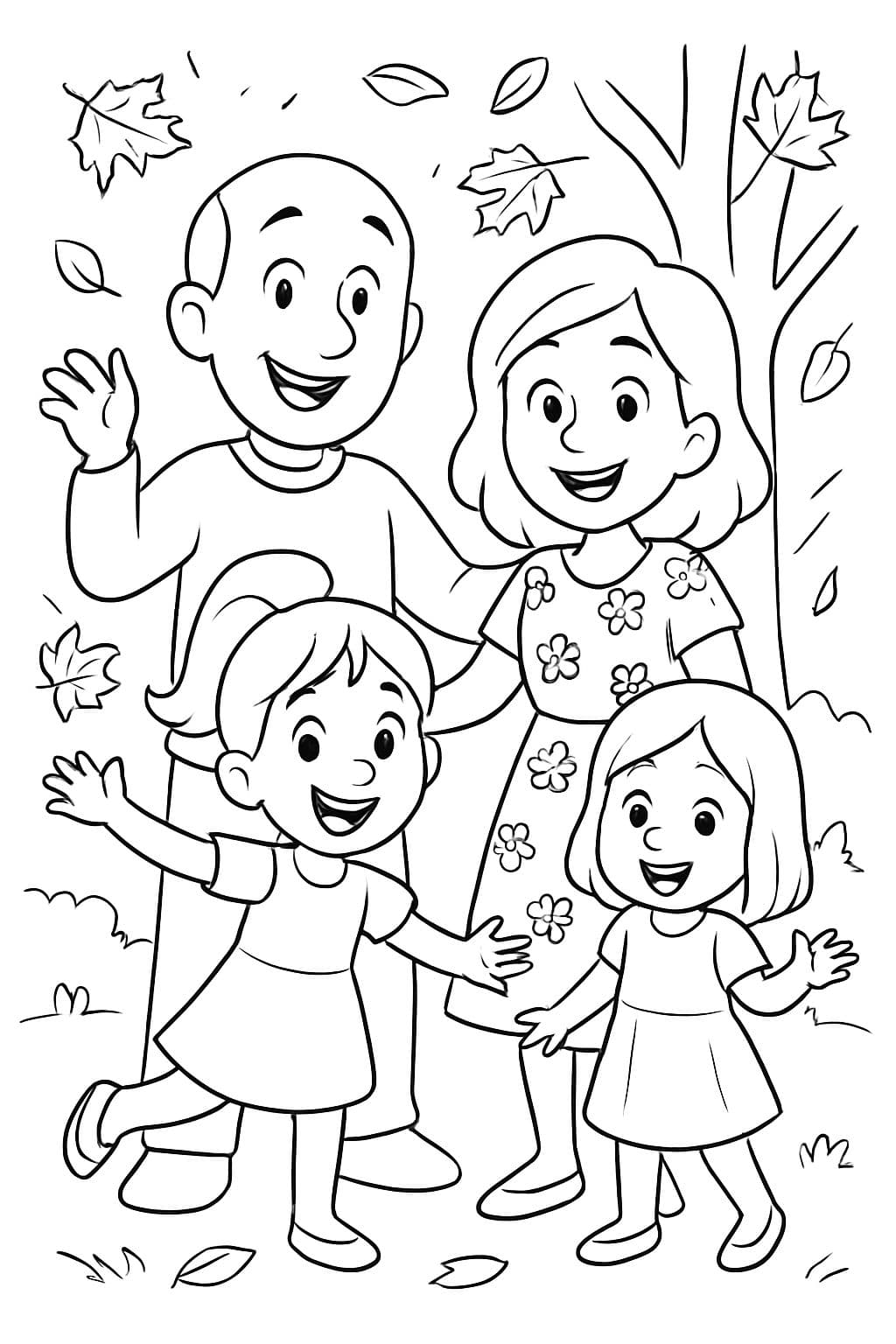 photo de famille en automne avec un père qui est chauve, une mère en robe à fleurs, une fille de 6 ans avec une queue de cheval et une robe, et une enfant de 3 ans avec les cheveux lâchés et une robe.