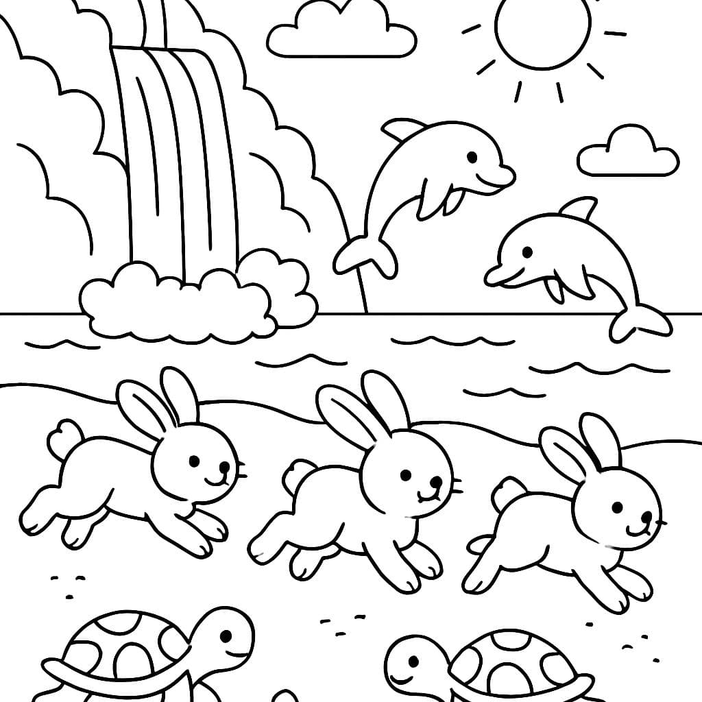 una cascada que fluye hacia el océano con conejitos corriendo por la playa y delfines en el océano y tortugas en el fondo del océano