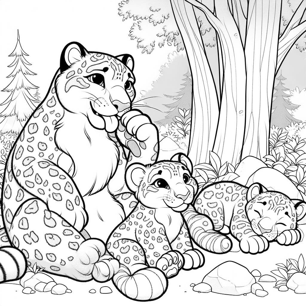 Famille de léopards des neiges dans la forêt. Papa lèche sa patte. Bébé dort. Grande sœur est assise tranquillement au sol. Maman est allongée sur un arbre.