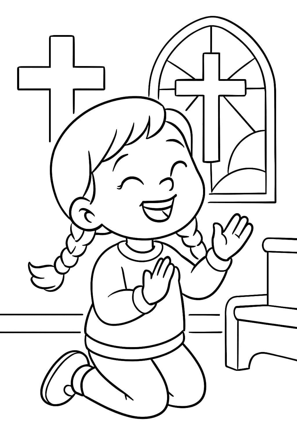 Niña de 3 años con trenzas, leggings y un suéter, alabando a Jesús y orando en la iglesia.