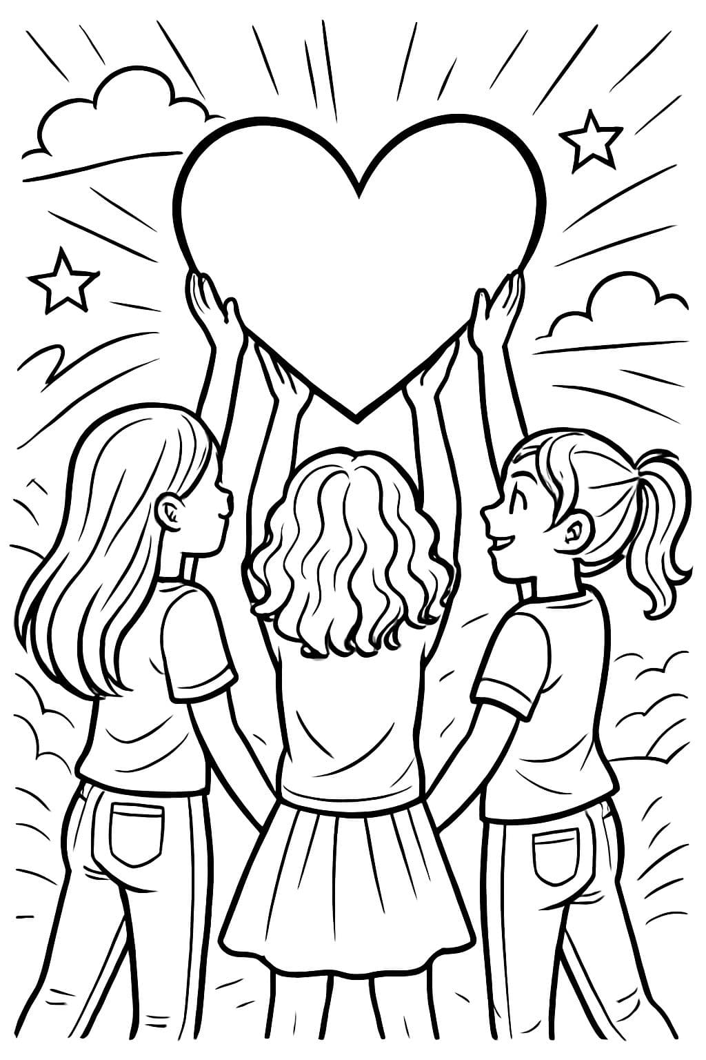 3 filles (réalistes) tenant le signe du cœur avec leurs mains tournées vers l'arrière de l'appareil photo.