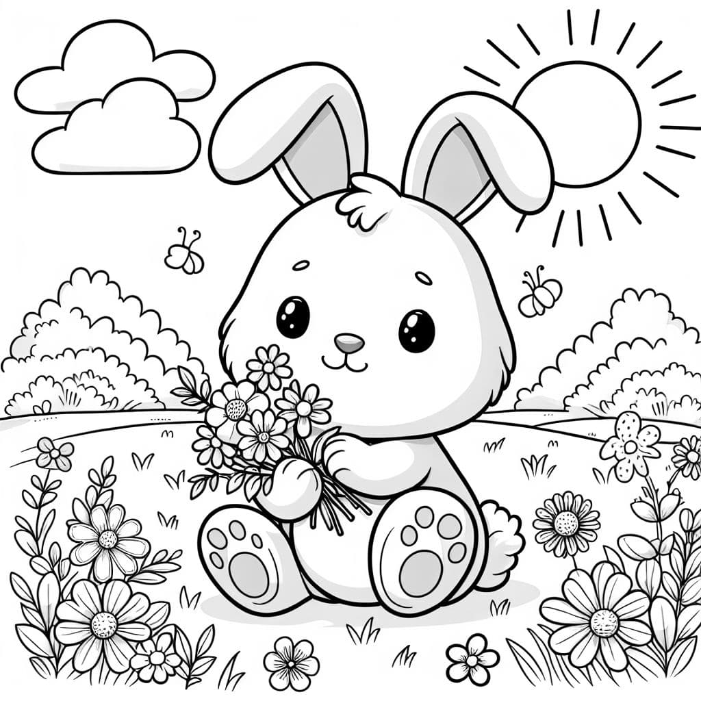 conejo en un campo de flores sosteniendo flores