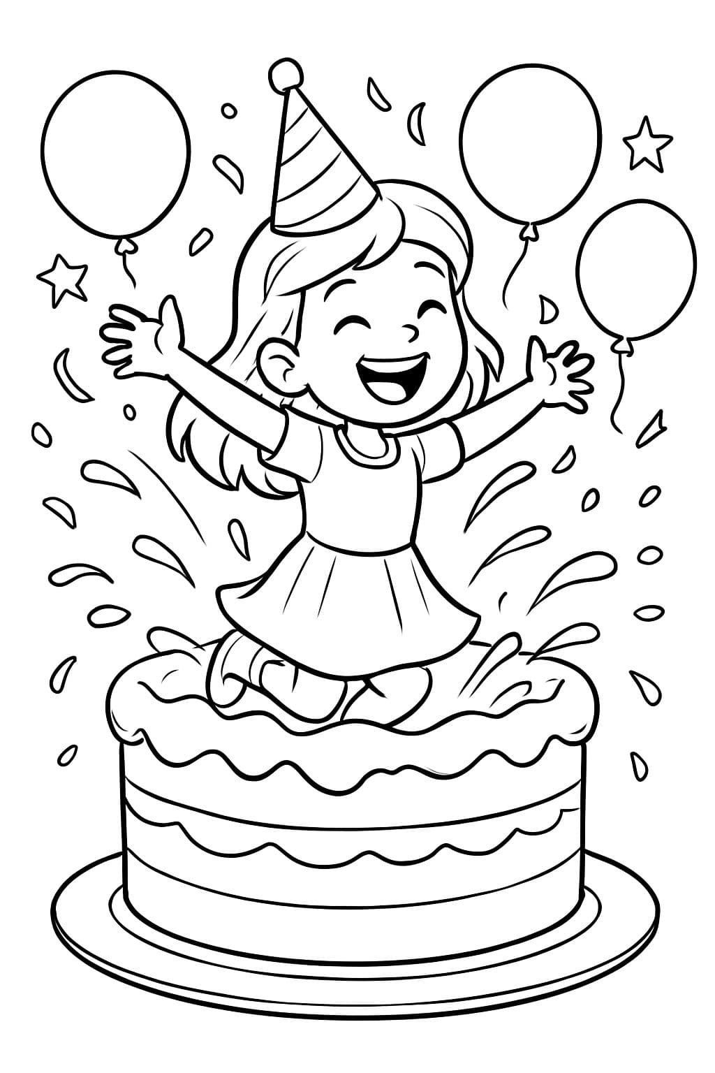Ein Geburtstagsmädchen springt aus einer riesigen Torte.