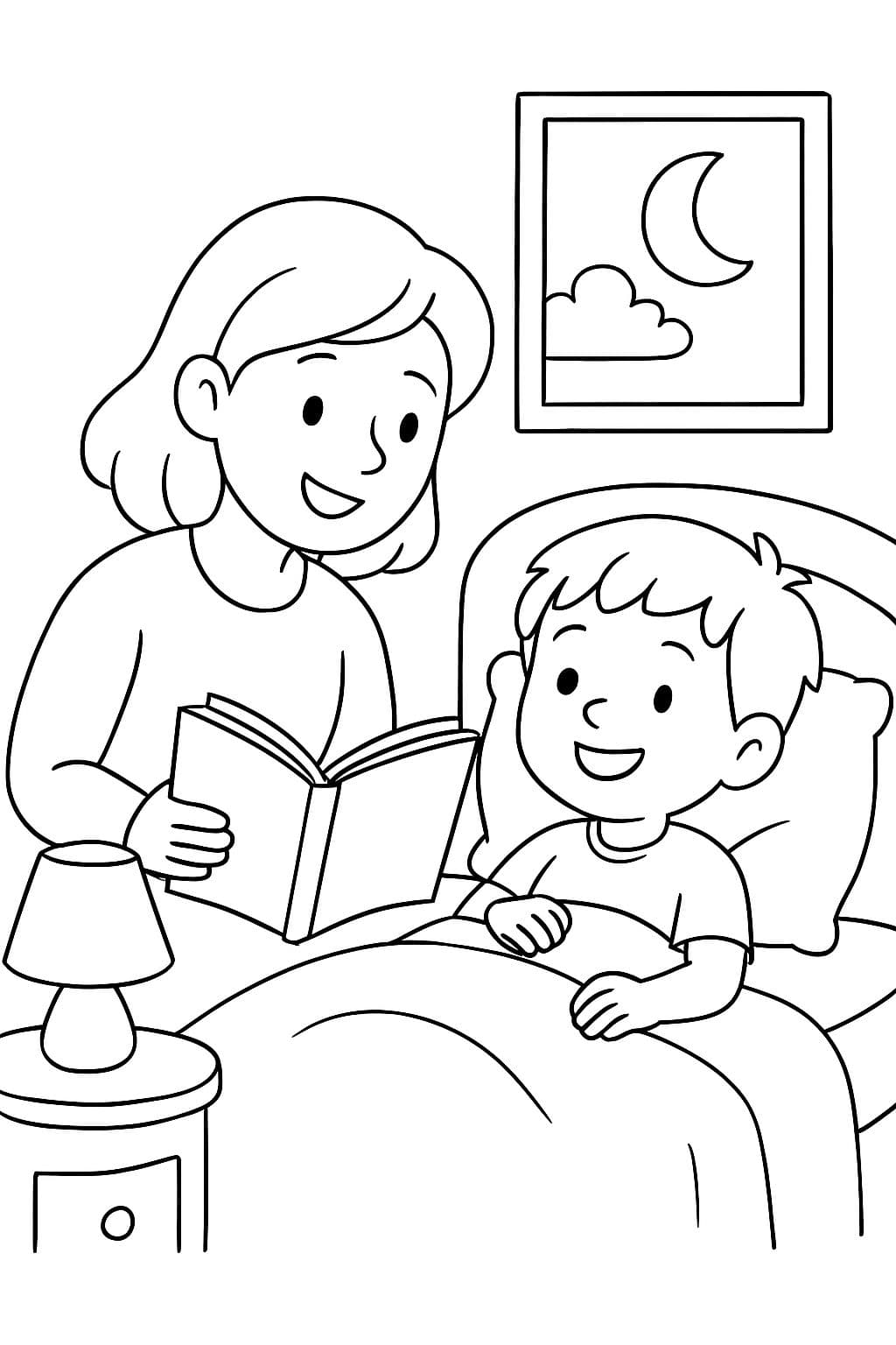 madre le está leyendo algo a un niño en la cama