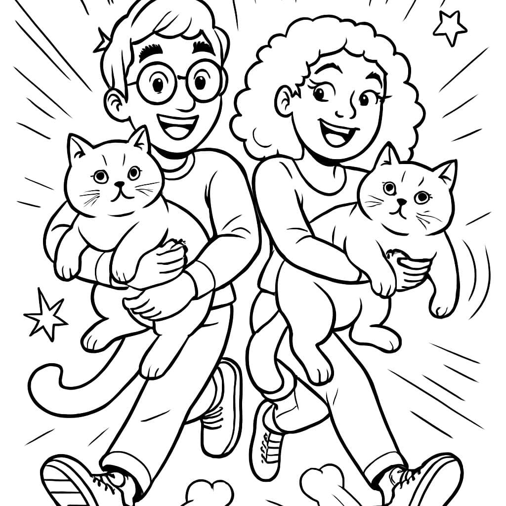 Dos gatos británicos de pelo corto abrazando a un hombre lindo con gafas redondas y una mujer linda con hoyuelos y cabello rizado.