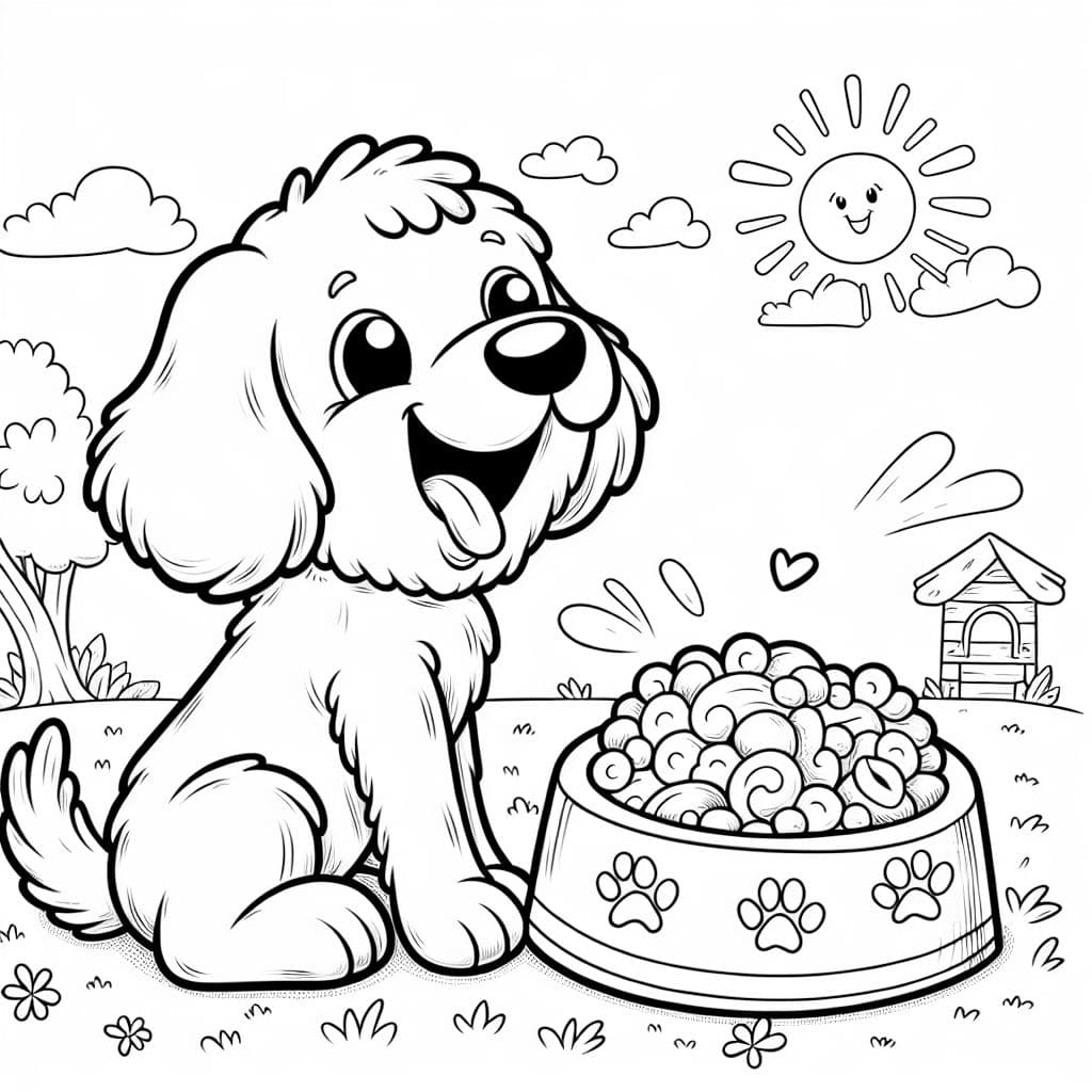 Un Labradoodle que es muy feliz de tener un gran tazón de comida.