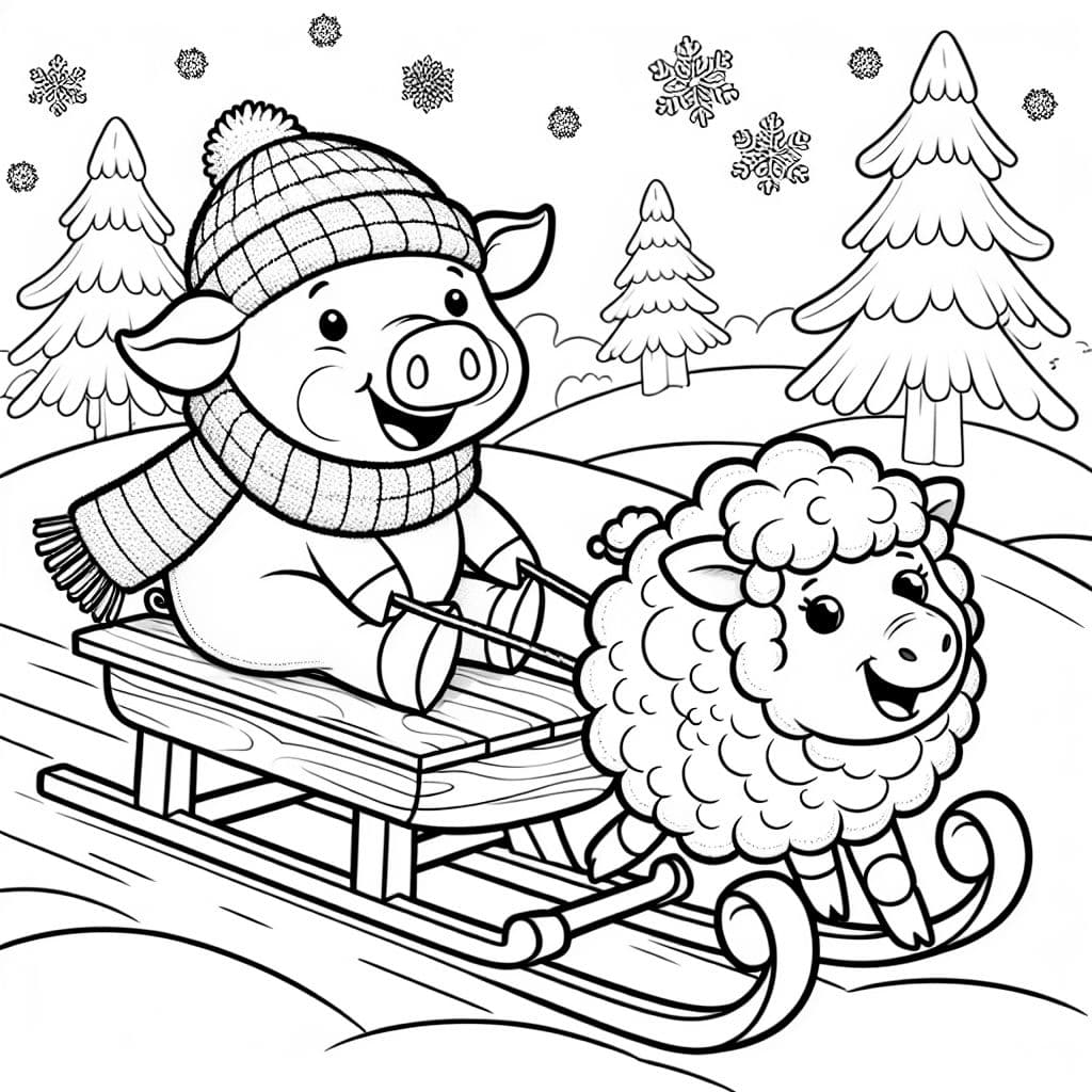 Ein Schwein und ein Schaf auf einem schlitten einfach