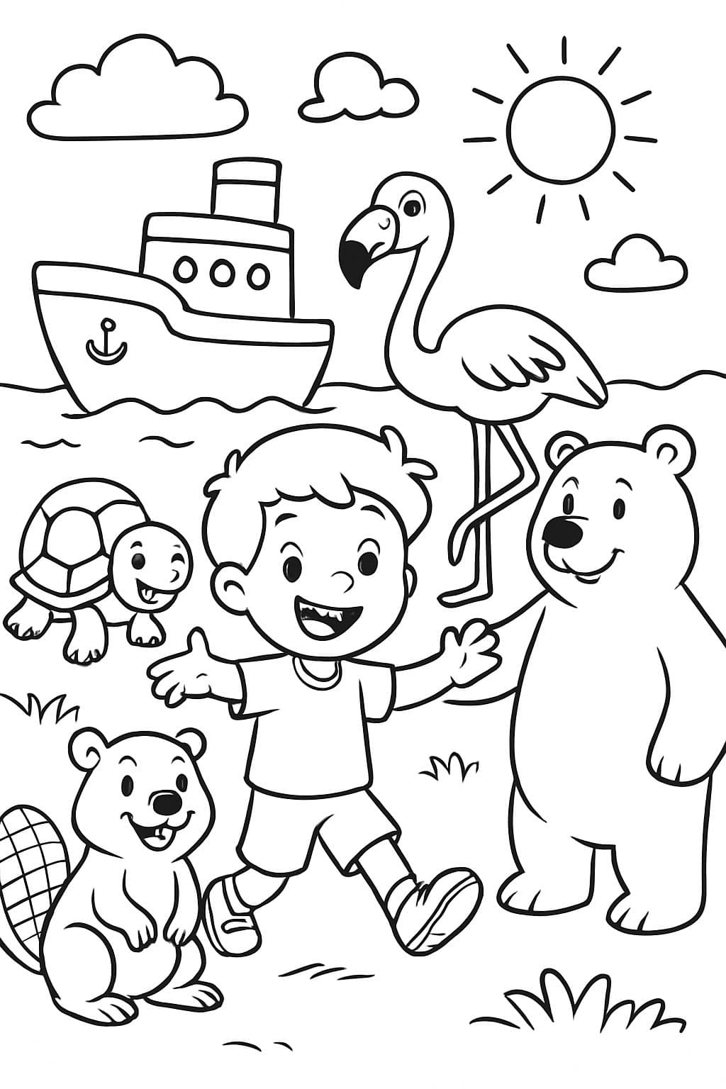 castor, tortuga, flamenco, oso polar, niño, barco, no