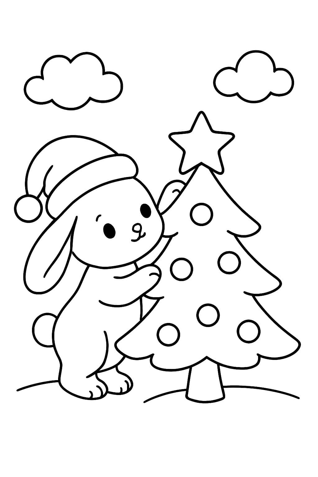 A baby bunny with a Christmas hat putting her own star on a Christmas tree.