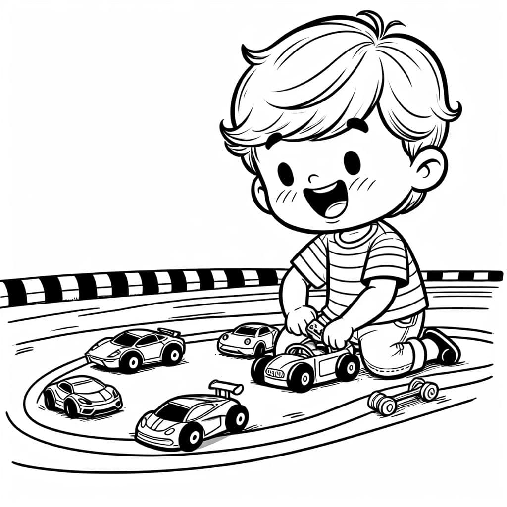 Un niño pequeño jugando con coches de juguete en una pista de carreras.