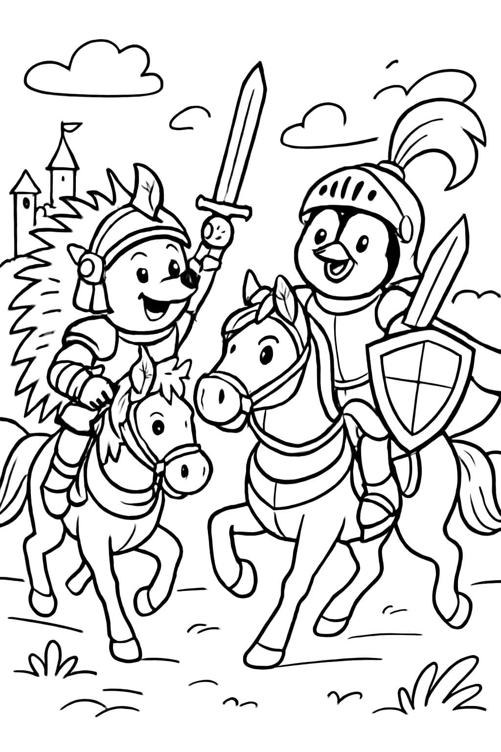 hérisson et pingouin en armure de chevalier sur des chevaux