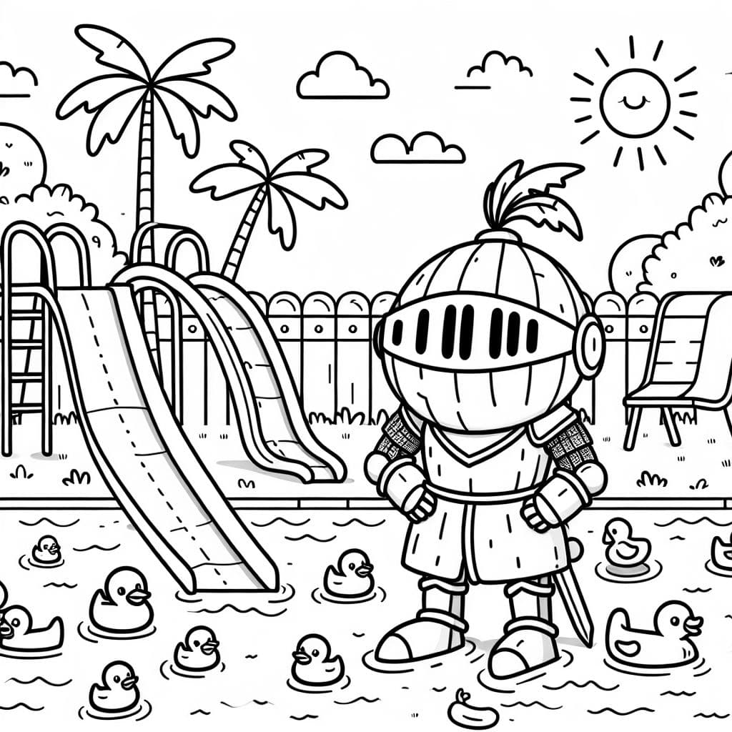 Une page à colorier colorée avec le Chevalier Coco qui s'amuse dans une piscine.