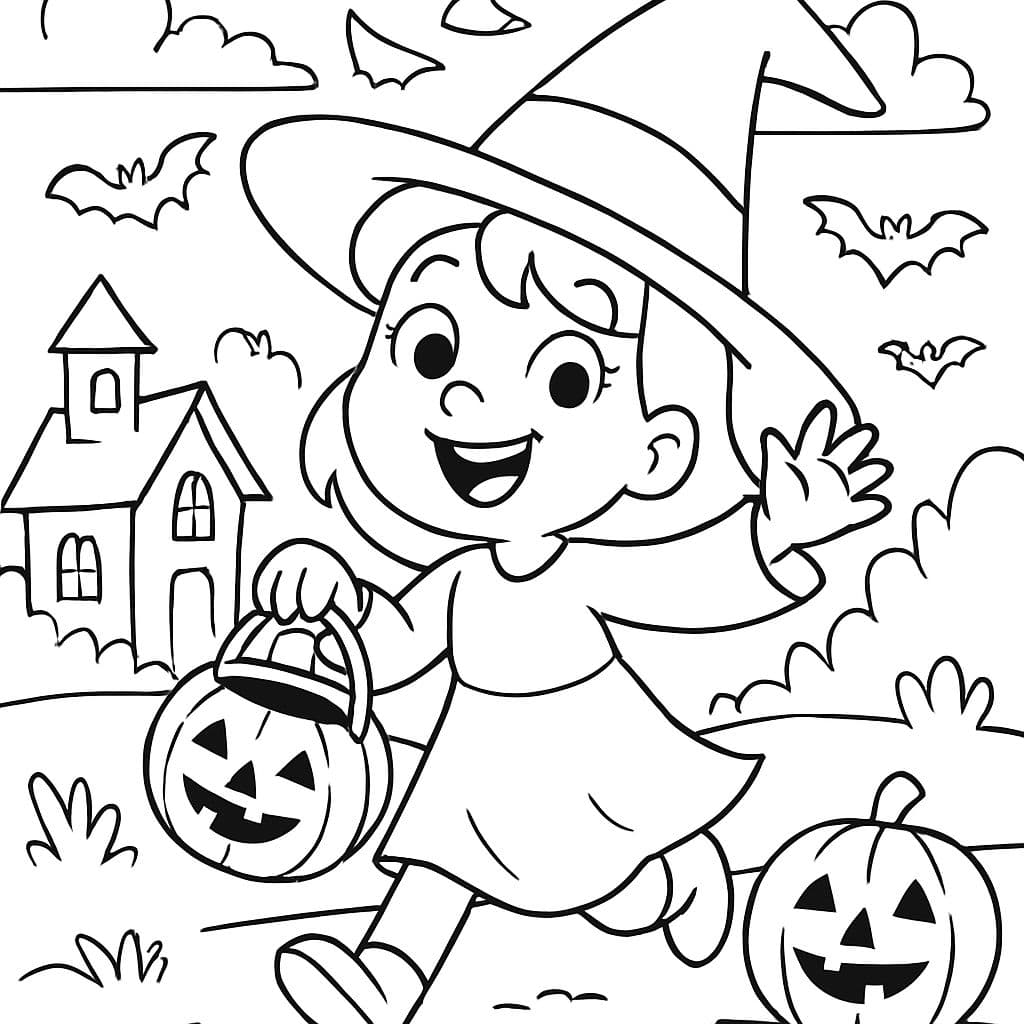 Niña pidiendo dulces con una cesta de calabaza.