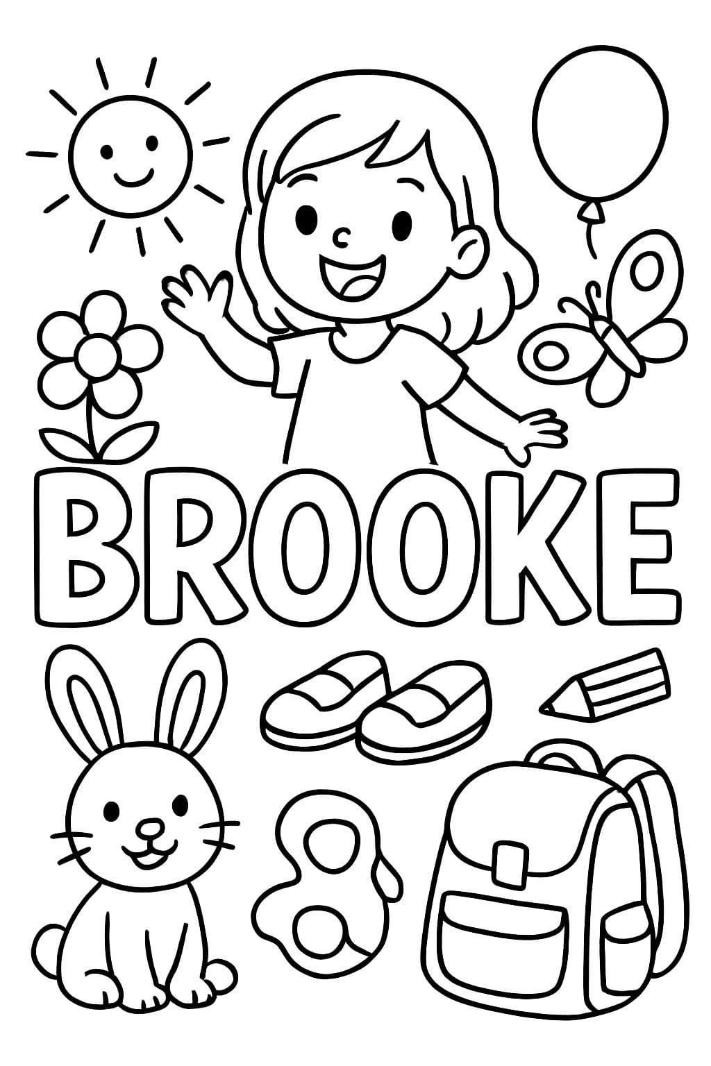 Der Name "Brooke" mit Sachen für 6-jährige Mädchen drumherum.