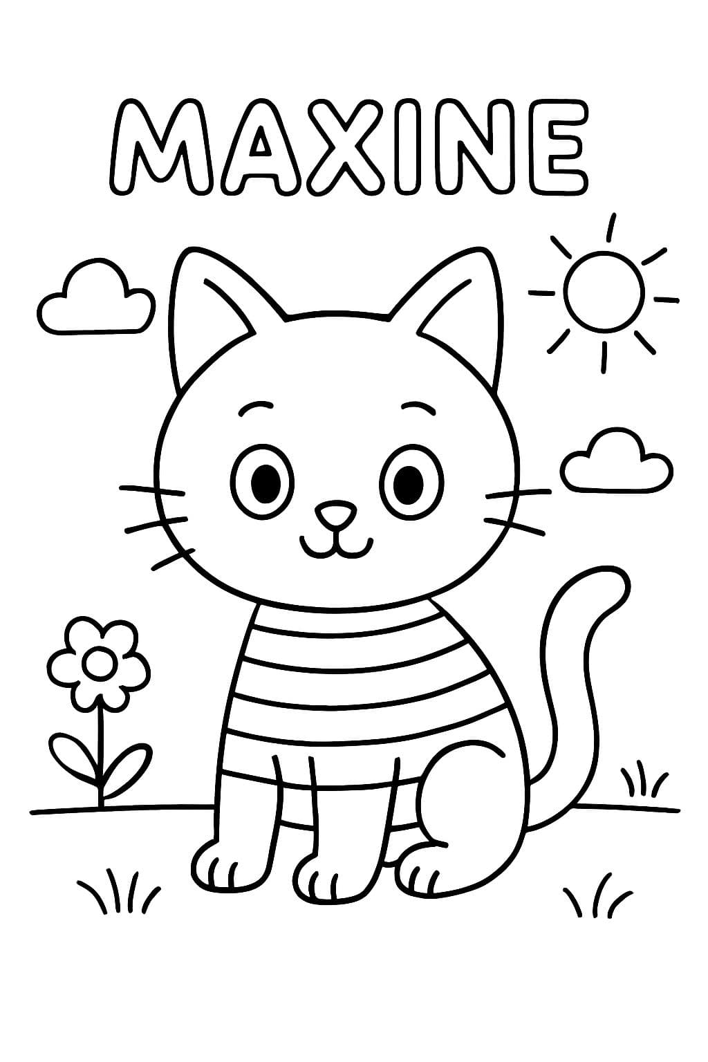 un lindo gatito con una camiseta de rayas, encima del gatito dice Maxine