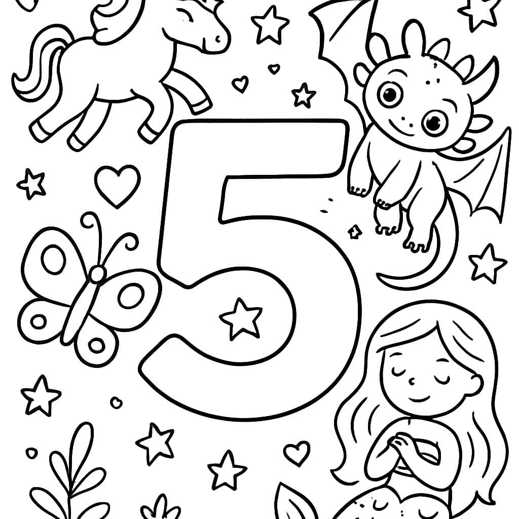 le chiffre 5 rempli de créatures magiques comme des licornes, des sirènes, le dragon sans dents, des papillons, des cœurs et des étoiles