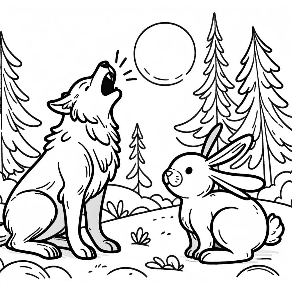 Lobo aullando en un bosque con el conejo de Pascua.