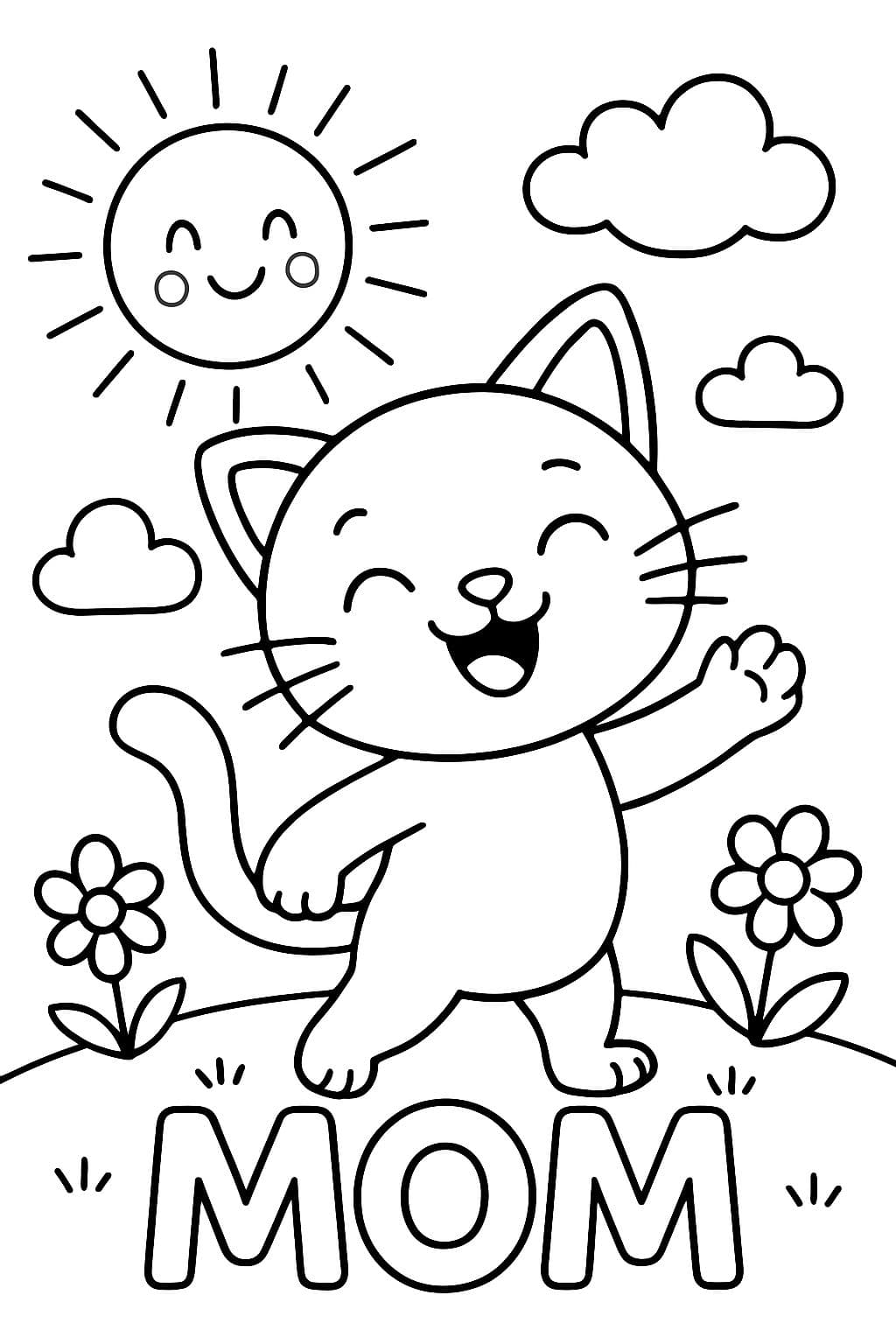 Gato al sol con MOM escrito en la parte inferior