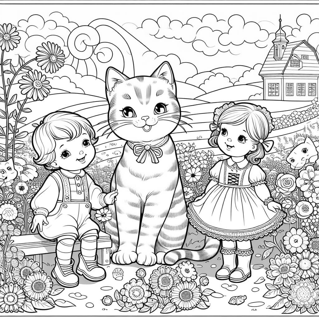 Desenho para colorir de três gatos em um campo de flores com uma menina grande, uma pequena e um menino pequeno