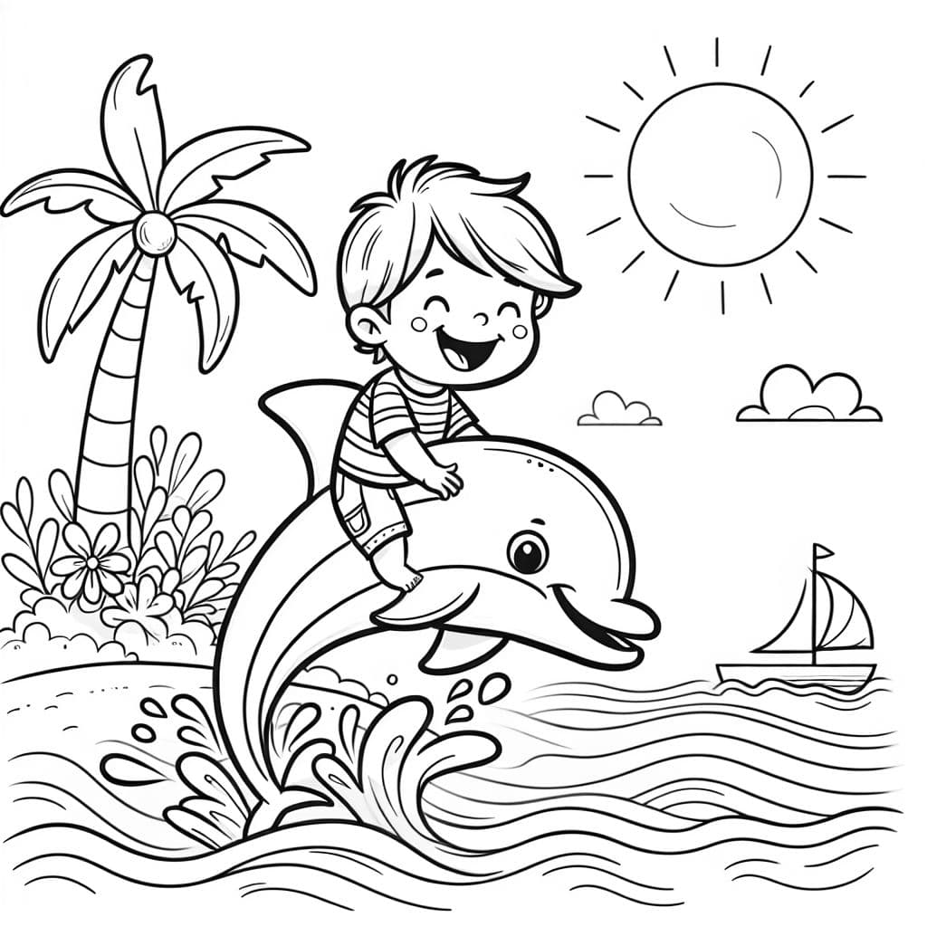 Niño de 4 años montando un delfín en la playa