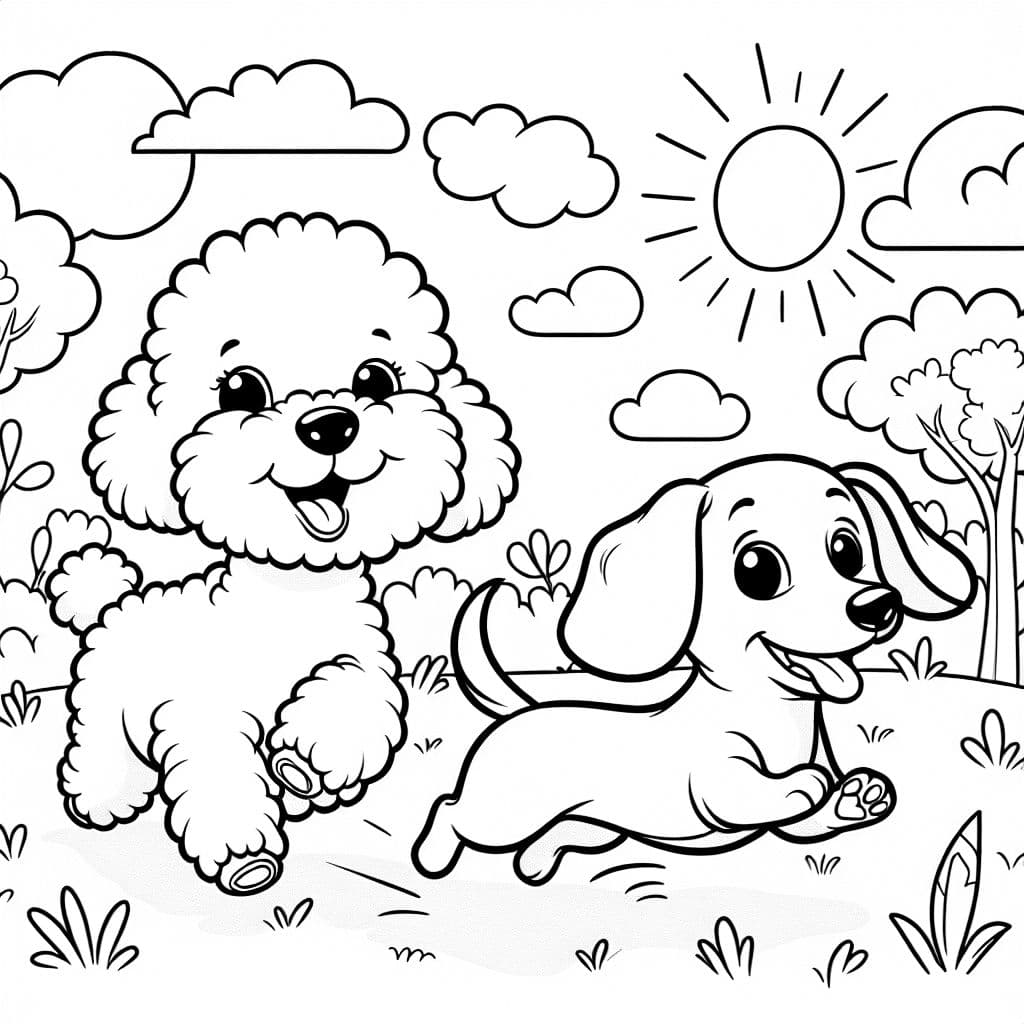 Un bichón frisé y un dachshund corriendo afuera luciendo felices.