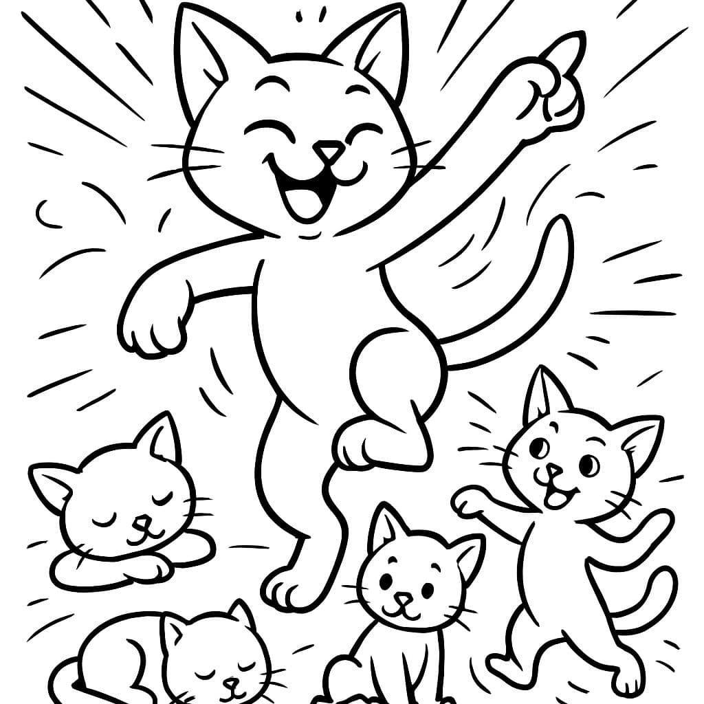 Gato bailando con gatitos durmiendo, sentados y bailando