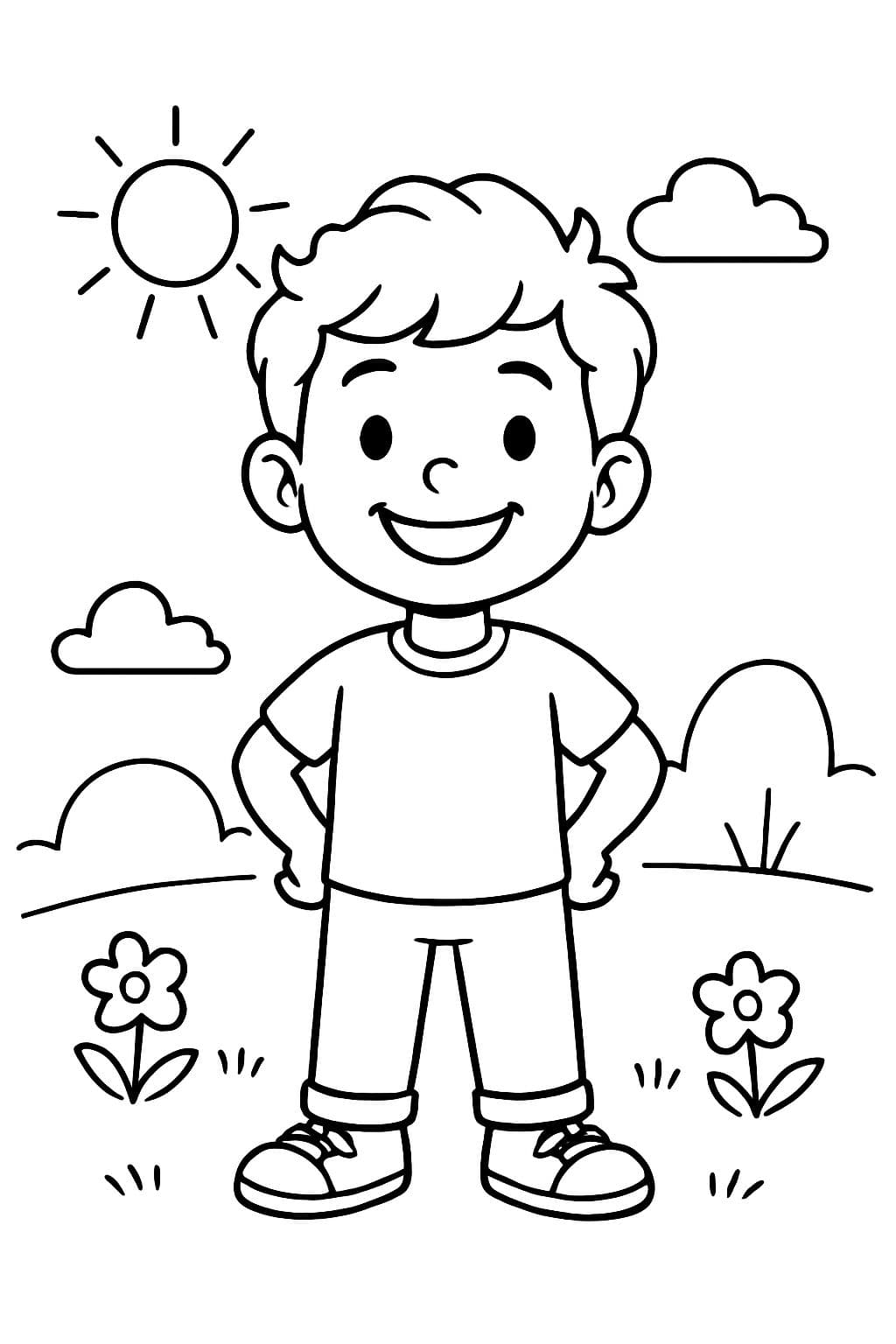 Junge schaut lächelnd nach vorne, mit kurzen, welligen, nach oben gerichteten Haaren.