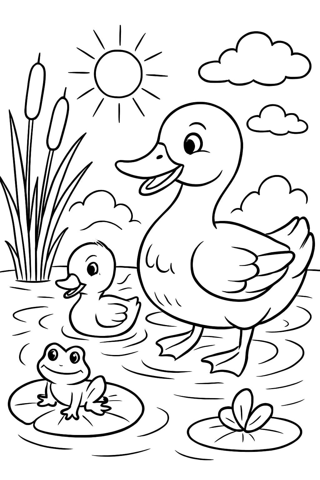 page de coloriage simple pour enfants d'une maman canard et d'un bébé canard dans un étang, une grenouille sur un nénuphar, des quenouilles sortant de l'eau, le soleil et des nuages dans le ciel, noir #000000 et blanc #ffffff, art linéaire, lignes épaisses, style livre de coloriage, fond blanc #ffffff