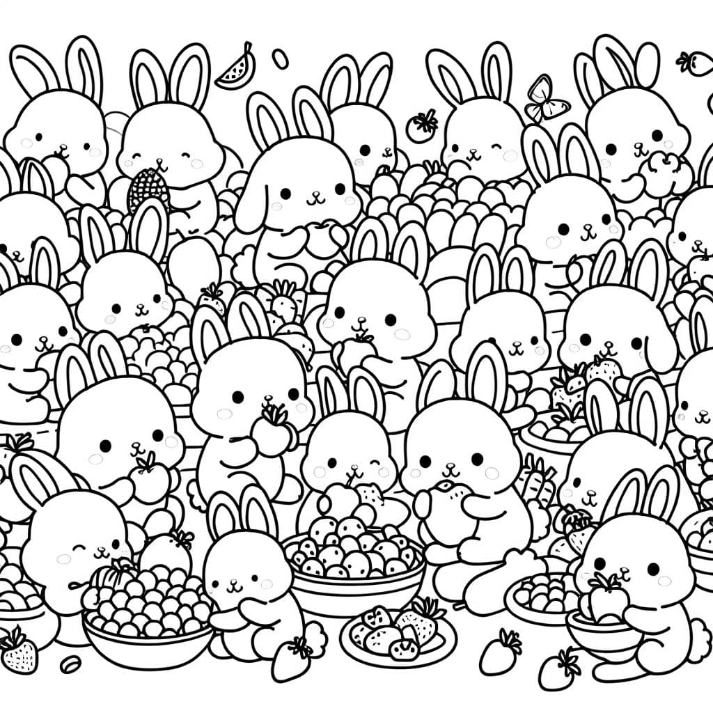 Ganz ganz viele flauschige Hasen die Obst und Gemüse essen