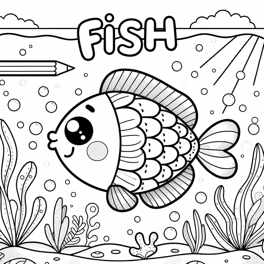 a coloring page with a fish on it and the word FISH over it in big letters.