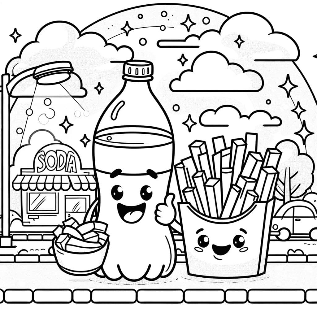 Eine lebendige Colaflasche und eine Portion Pommes