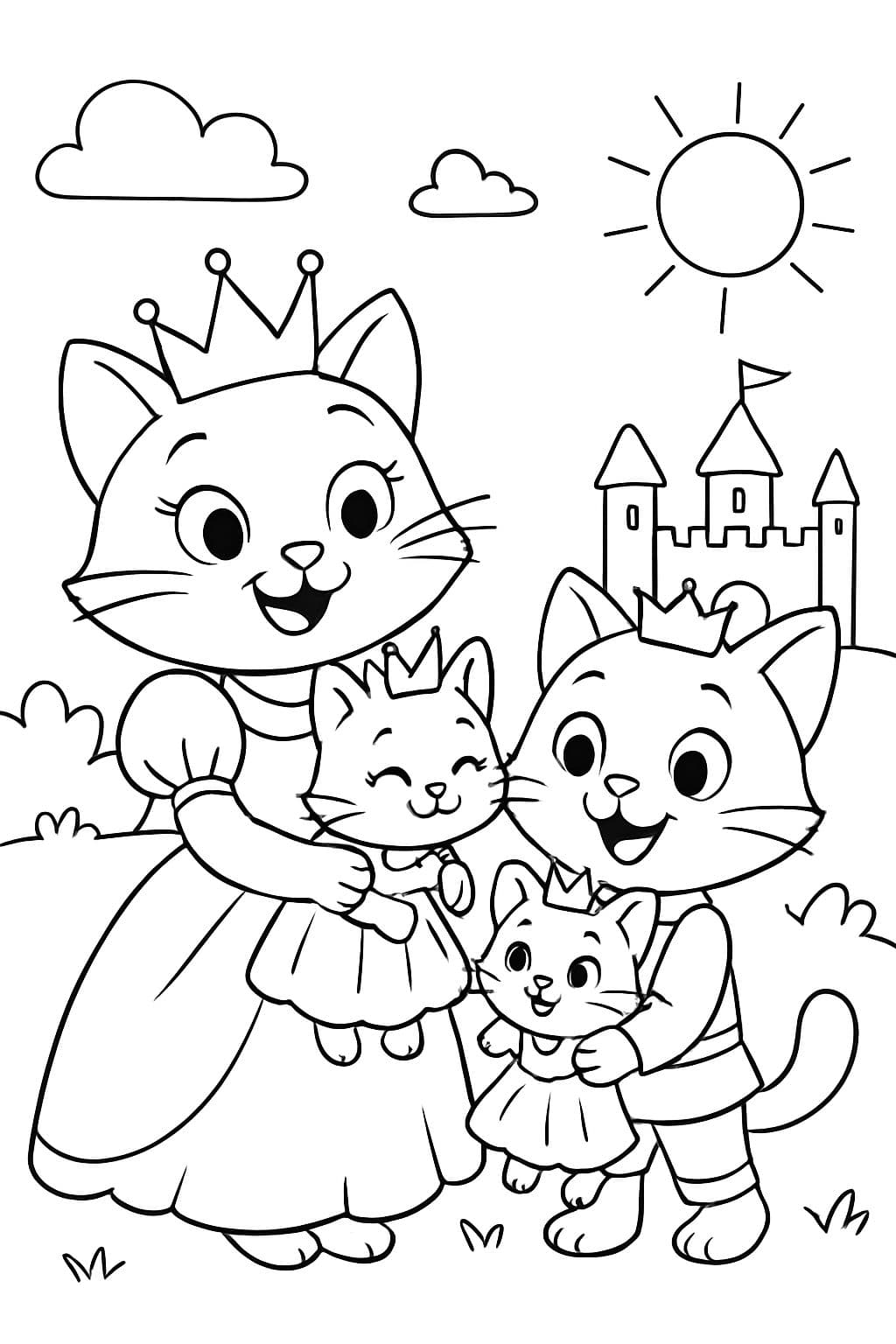 Uma princesa gata e um príncipe gato, a princesa com um vestido segurando nos braços duas princesinhas gatinhas com vestidos.