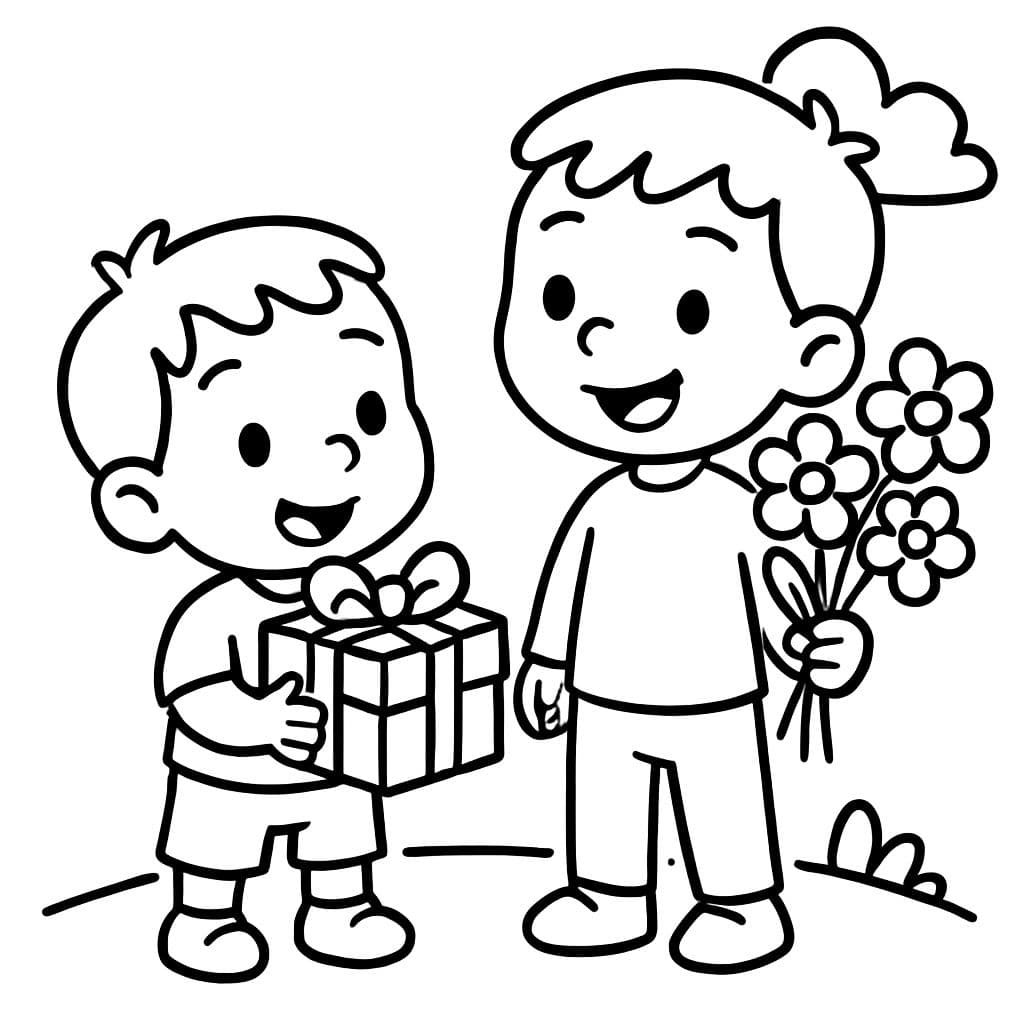 dos chicos (2 y 3) con un regalo y flores en la mano
