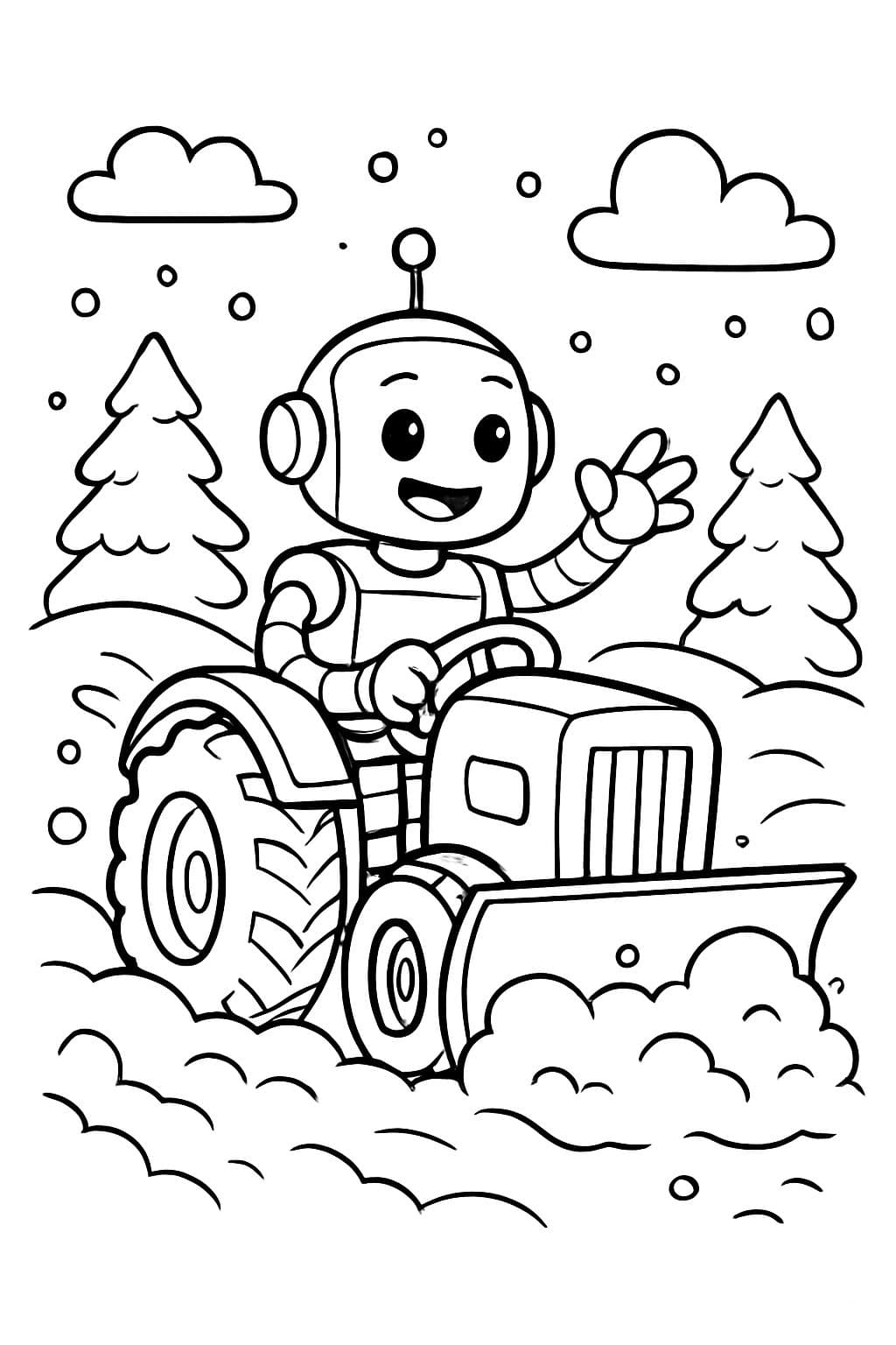 Ein Roboter, der einen Traktor fährt, der Schnee pflügt.