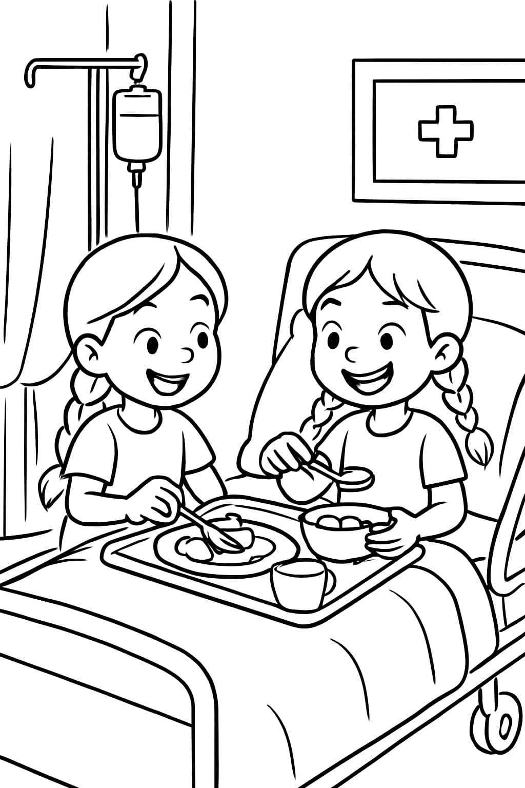 2 girls in the hospital eating in bed, 1 girl with a braid, other girl with two braids