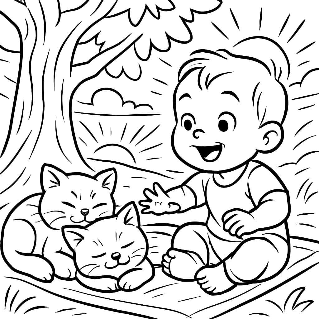 Teo british shorthair kittens snuggled up under a tree at sunrise with a baby boy on a blanket.