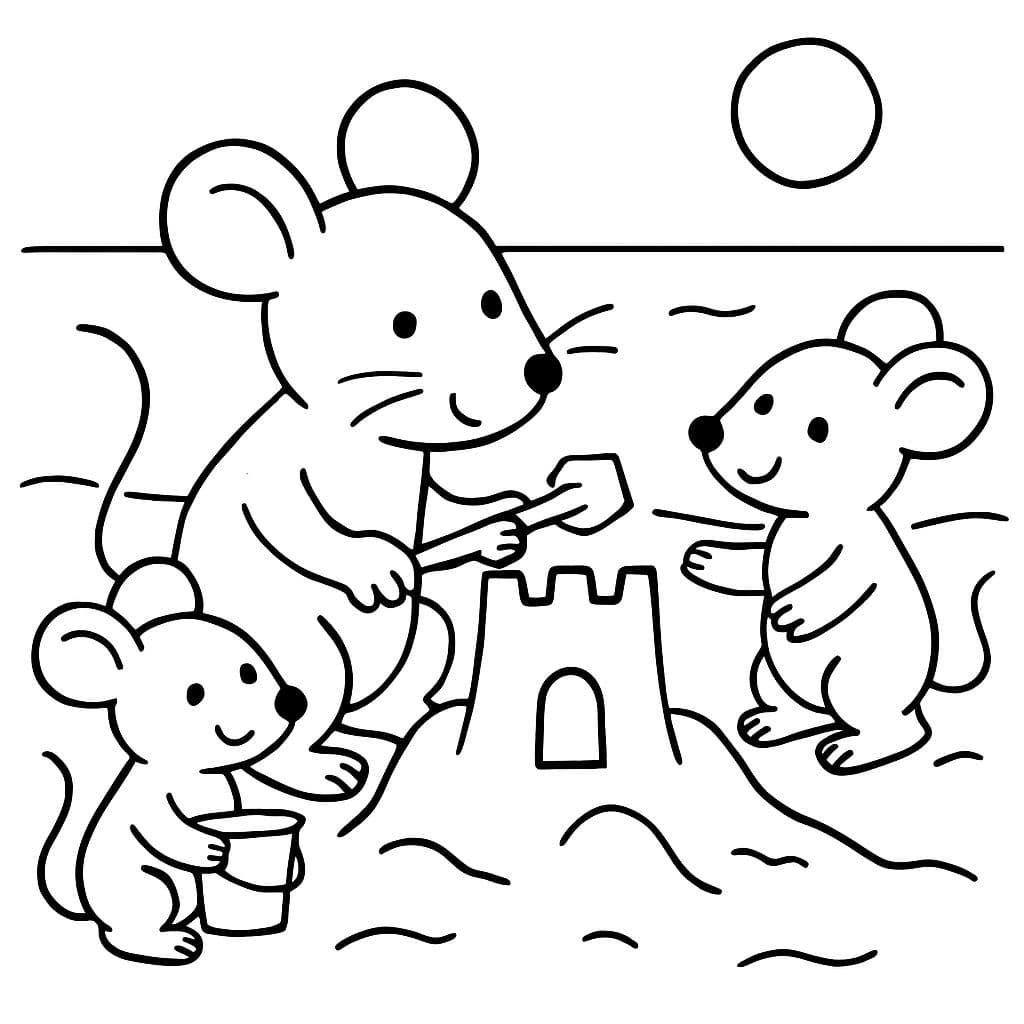 Trois souris sur la plage construisant un château de sable