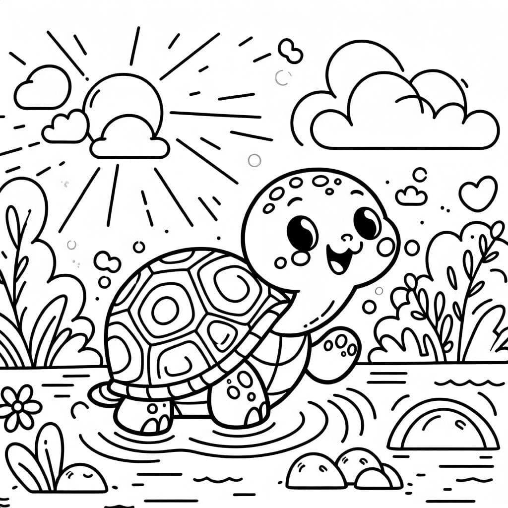 Una tortuga linda con orejas grandes lista para ser coloreada.