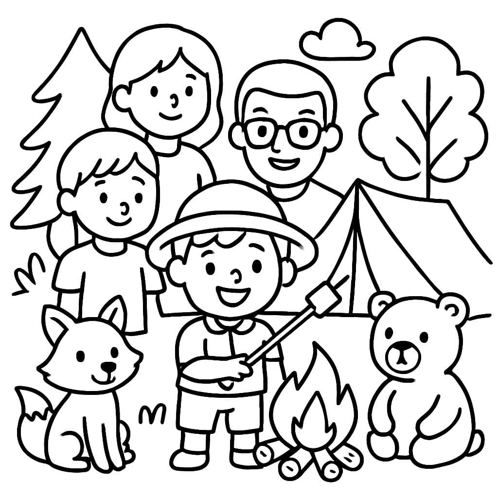 Ein glücklicher Camper mit seiner Familie und seinen Freunden aus dem Wald beim Campen