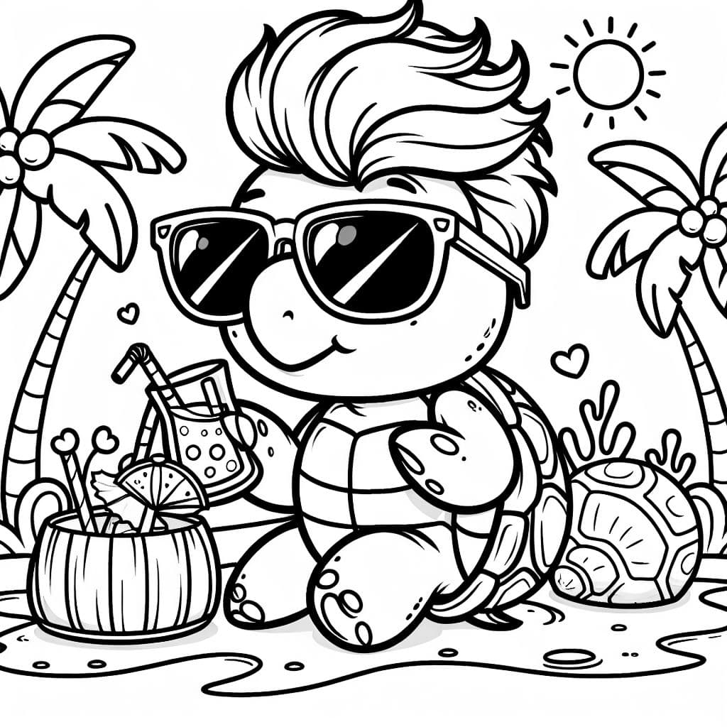 una tortuga con pelo y gafas de sol, cóctel y espada en la mano