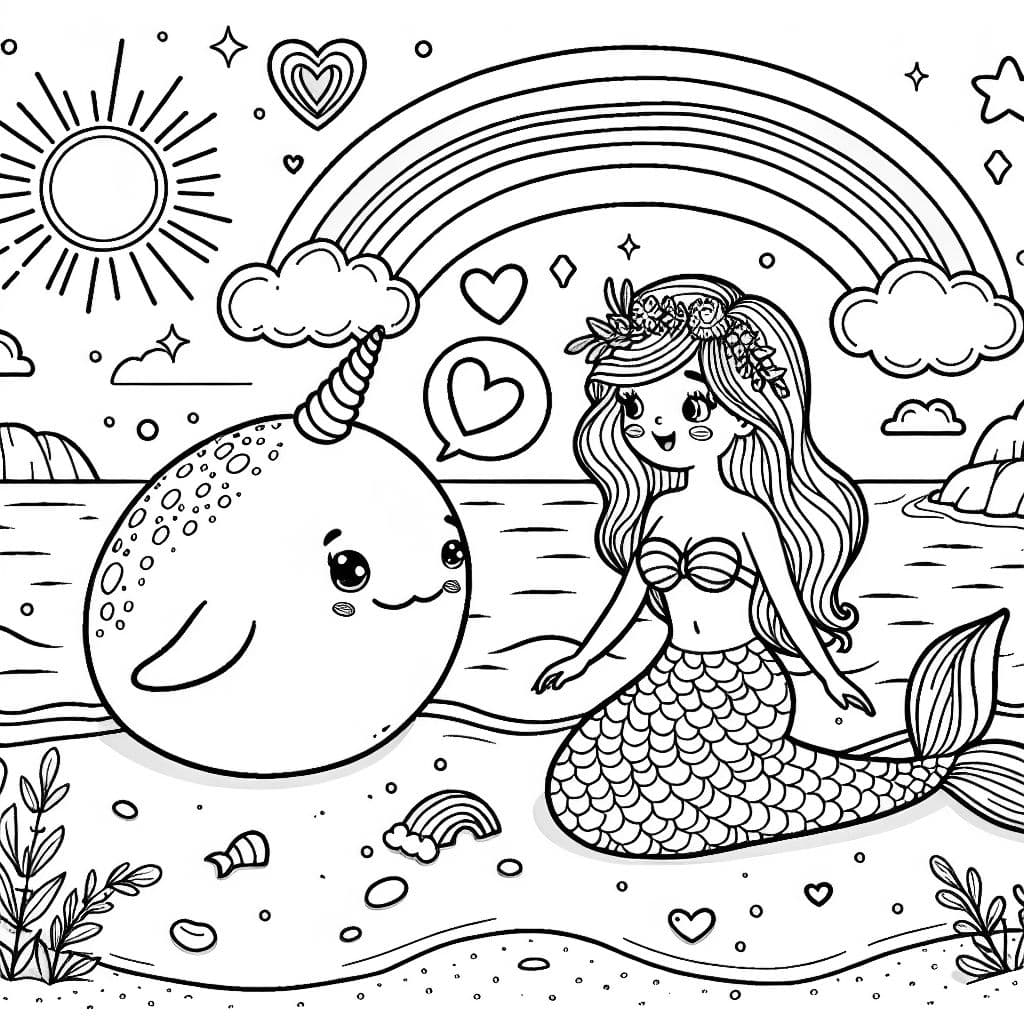 Una sirena con un narval en la playa con arcoíris, corazones y estrellas