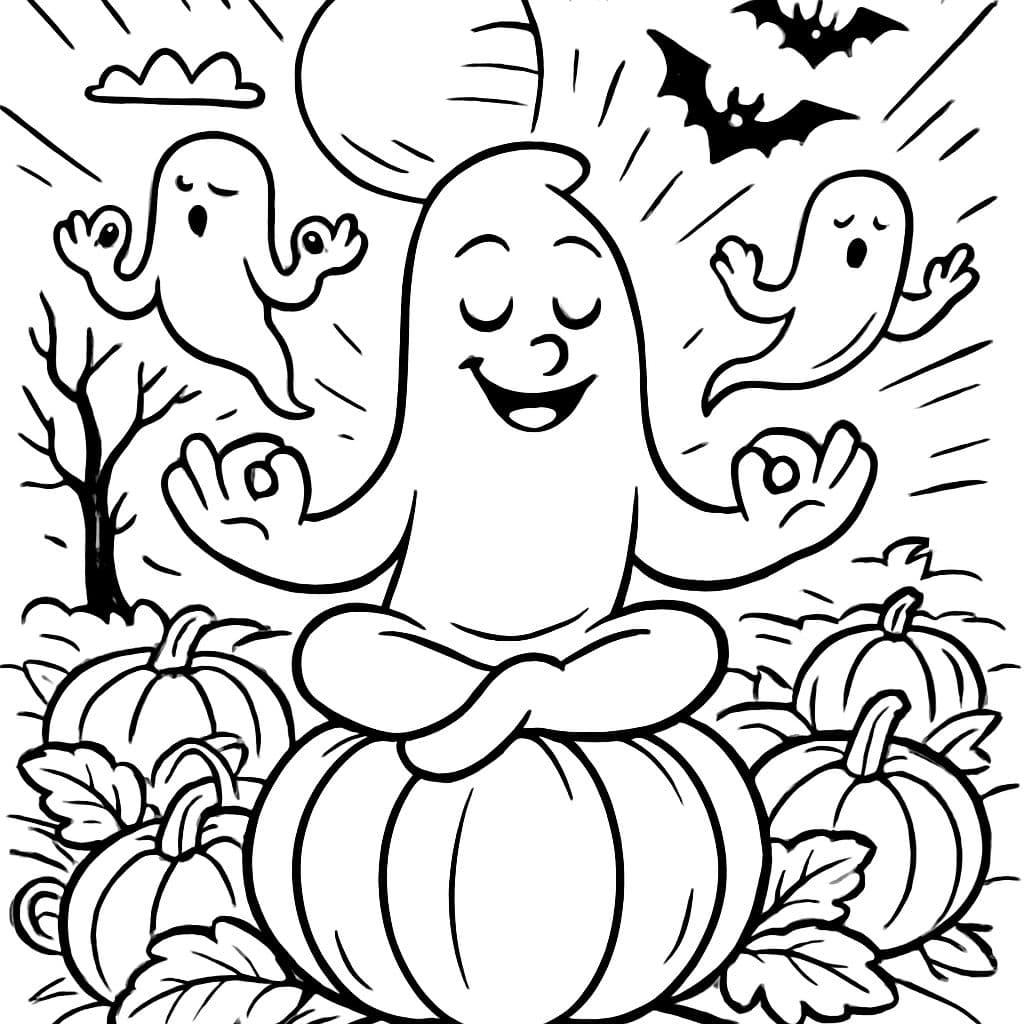 fantasmas meditando en un campo de calabazas en Halloween