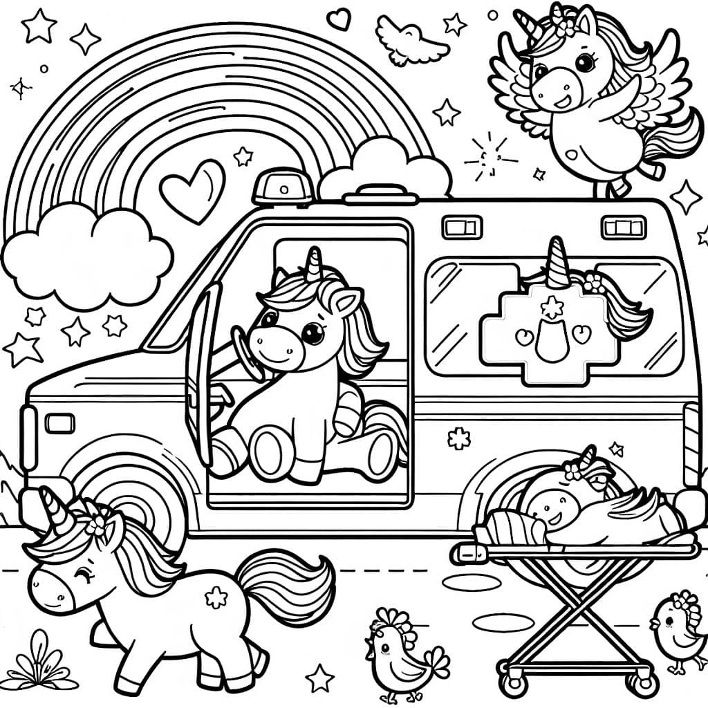 Unicornio conduciendo una ambulancia con un unicornio en una camilla y un pájaro mascota y un arcoíris.