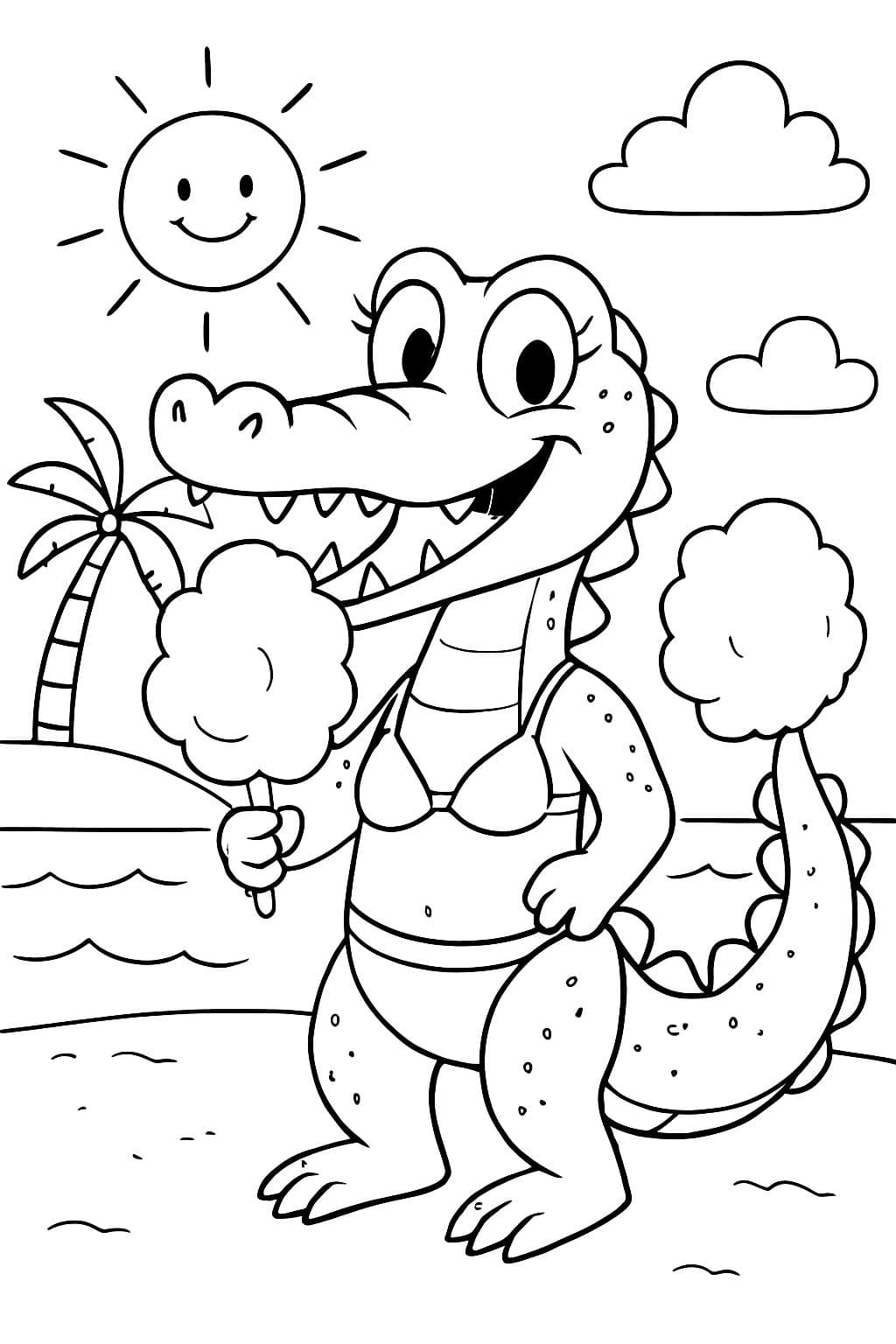 Ein Krokodil, das Zuckerwatte in einem Bikini isst.